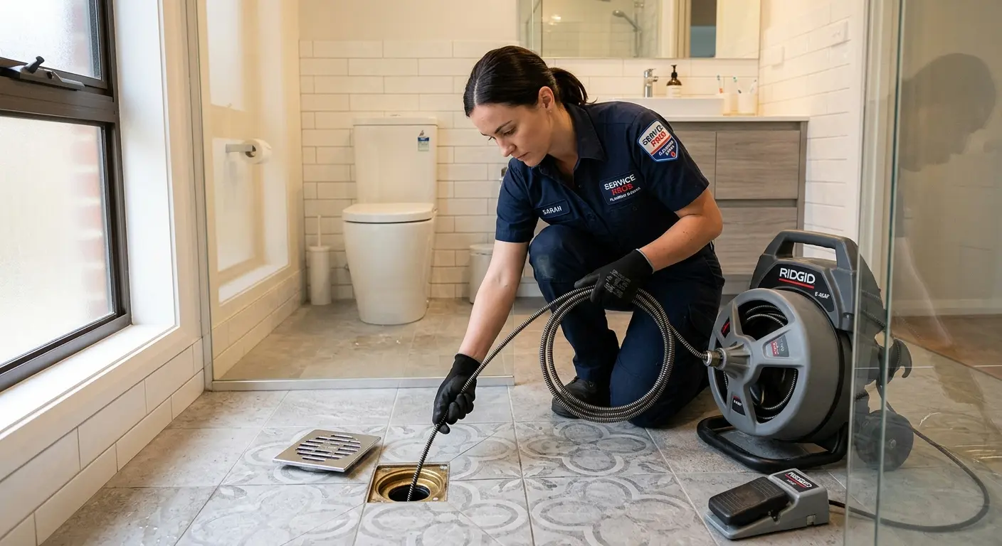 Technician clearing a bathroom floor drain for Hydro Jetting in East Norriton